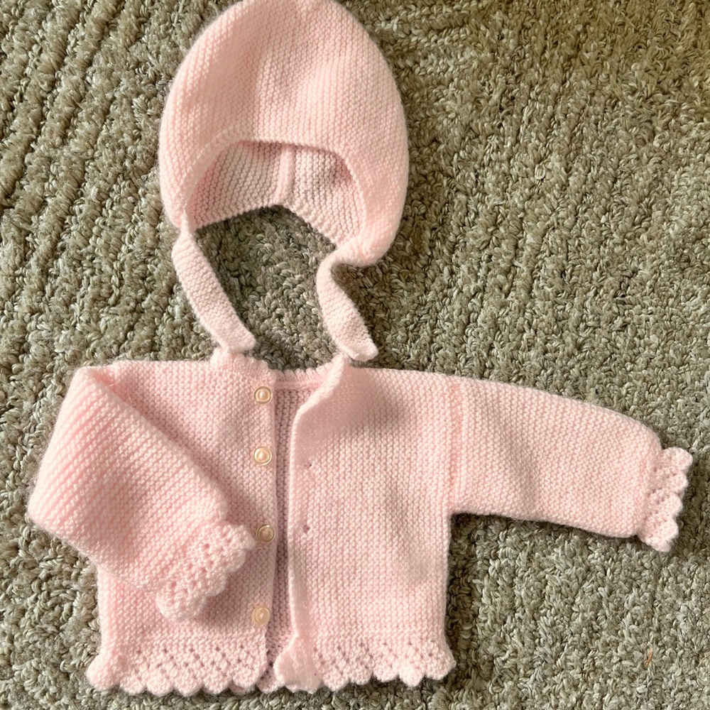 Sweet little soft sweater set. NWOT. No size but appears to be 0-3 months.